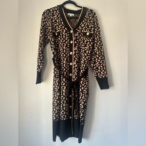 Kathy Ireland Black and Tan Leopard Print Sweater Dress